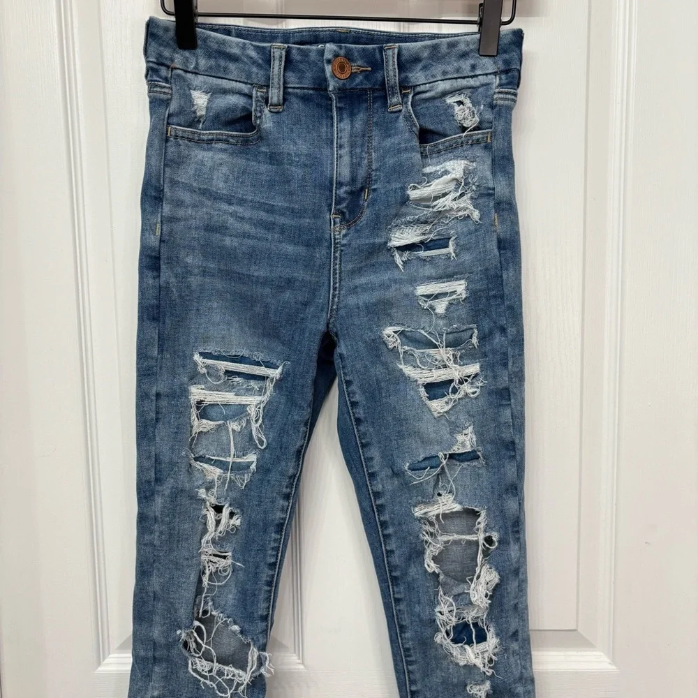 Medium Wash Distressed Hi-Rise Jeggings | American Eagle 2 Short